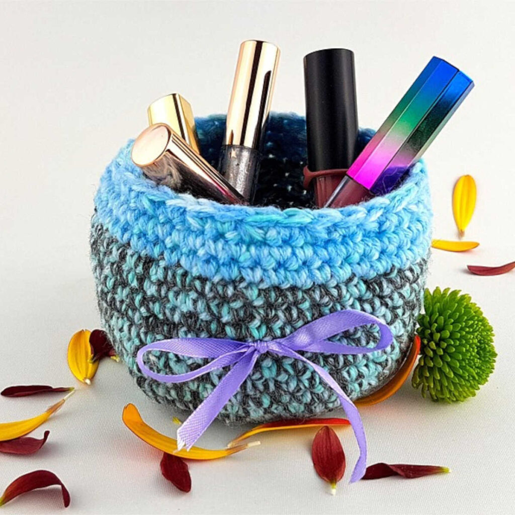 Blue crochet basket.